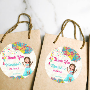 Sticker Rond Mehndi rose bleu fille indienne mignonne merci fav