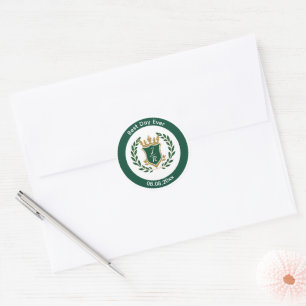 Sticker Rond Meilleur jour de mariage Monogramme Vert Couronne