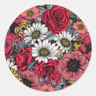 Sticker Rond Mélange de fleurs en rouge et gris
