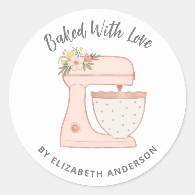 Sticker Rond Mélange De Gâteau Rose Cuit Cuit Avec Amour (Devant)