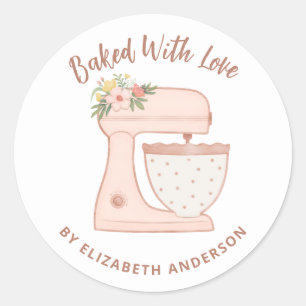 Sticker Rond Mélangeur à gâteau rose mignon cuit avec amour
