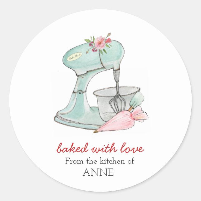 Sticker Rond Mélangeur de gâteaux "Cuit avec amour" (Devant)