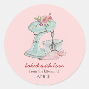 Sticker Rond Mélangeur de gâteaux "Cuit avec amour" rose