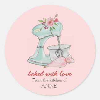 Sticker Rond Mélangeur de gâteaux "Cuit avec amour" rose