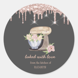 Sticker Rond Mélangeur Rétro Fleurs Or Rose Gouttes Boulangerie
