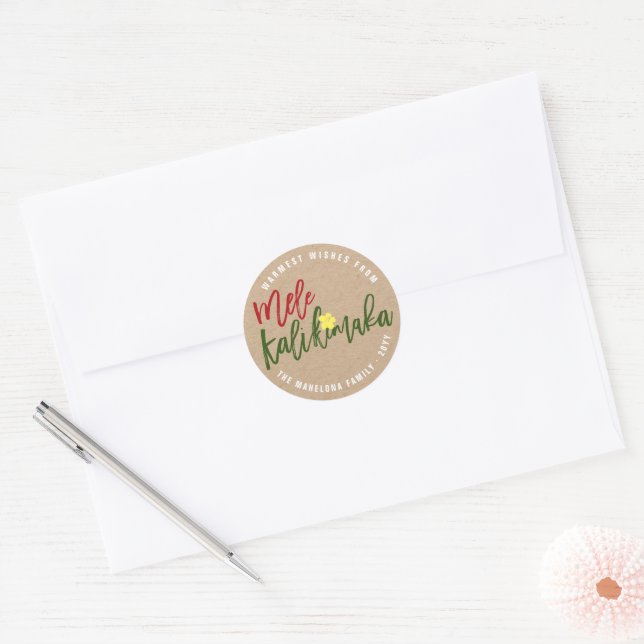 Sticker Rond Mele Kalikimaka Scripts de pinceau Hibiscus Noël (Enveloppe)