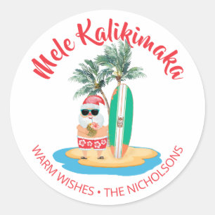 Sticker Rond Mele Kalikimaka Surf tropical de Noël avec Santa