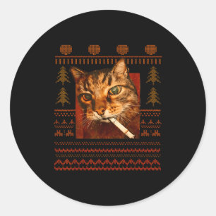 Sticker Rond Mème de chat qui fume drôle Noël laid pour hommes 