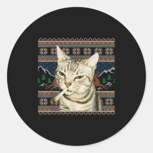 Sticker Rond Mème de chat qui fume drôle Sweater de Noël laid C