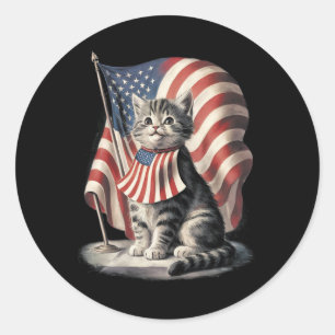 Sticker Rond Memorial Day Chat Funny Kitten 4 juillet Patrioti