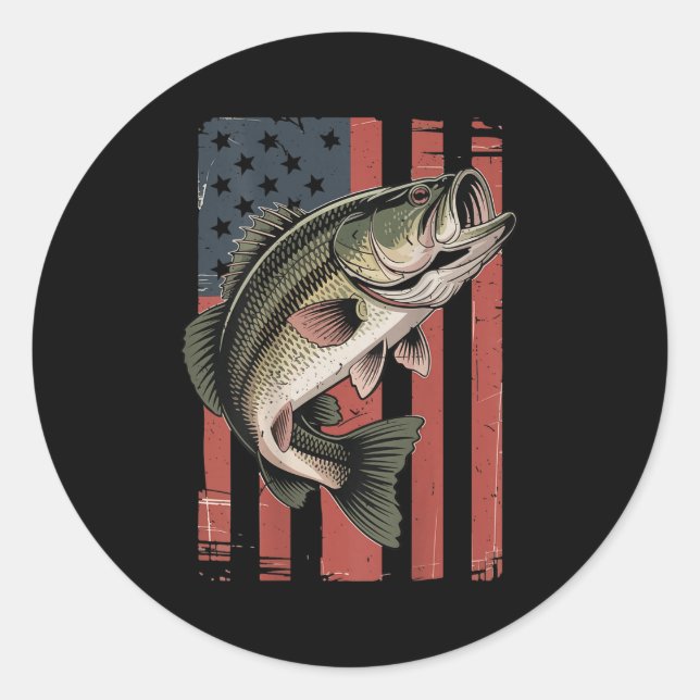 Sticker Rond Men American Flag Fishing Patriotic Largemouth B F (Devant)