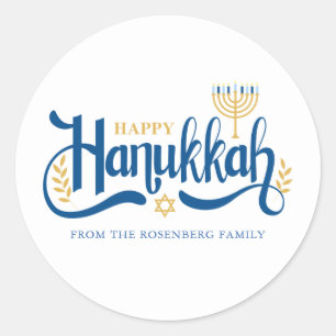 Sticker Rond Menorah d'or "Happy Hanoukka"