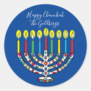 Sticker Rond Menorah Hanukiah, la ville colorée de Hanoukka