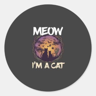 Sticker Rond Meow Am Cat Halloween Night Sorcière Citrouille_1