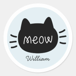 Sticker Rond Meow Black Cat Face Nom bleu