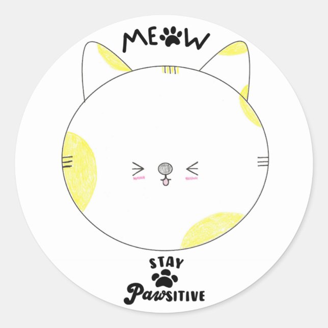 Sticker Rond Meow Rester Positif Posé Jaune Kawaii Chat (Devant)