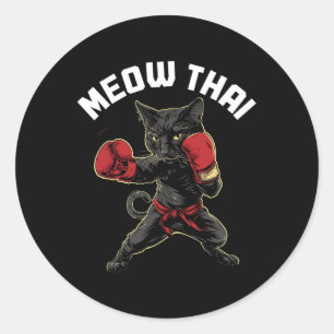 Sticker Rond Meow Thai Funny Muay Thai Boxe Chat Arts Martiaux