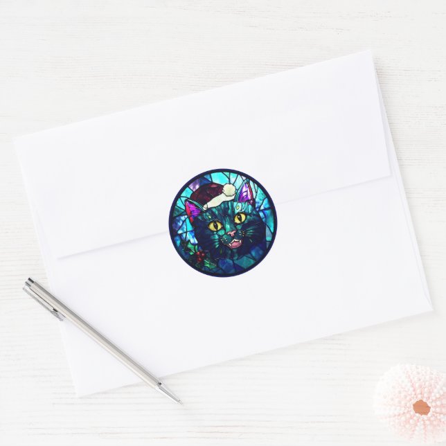 Sticker Rond Meowing Stained-Glass Christmas Black Cat (Enveloppe)
