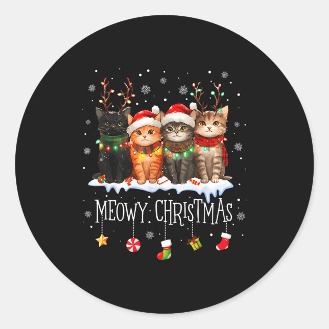 Sticker Rond Meowy Catmas Cat Christmas Cute Kitten Cats Santa  (Devant)