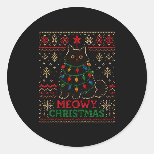 Sticker Rond Meowy Christmas Xmas Lights Cat Ugly Sweater Pajam (Devant)