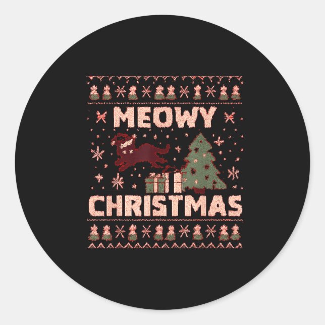 Sticker Rond Meowy Christmas Xmas Tree Cat Ugly Sweater Pajamas (Devant)