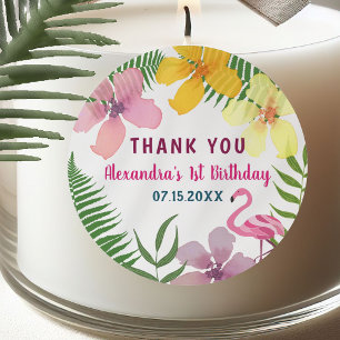 Sticker Rond Merci 1er anniversaire Luau Flamant rose rose