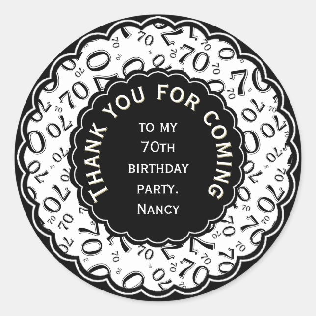 Sticker Rond Merci 70e anniversaire Numéro Motif noir/blanc (Devant)