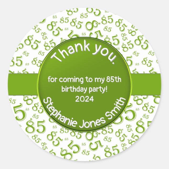 Sticker Rond Merci : 85 Anniversaire Vert/Blanc Motif numérique (Devant)