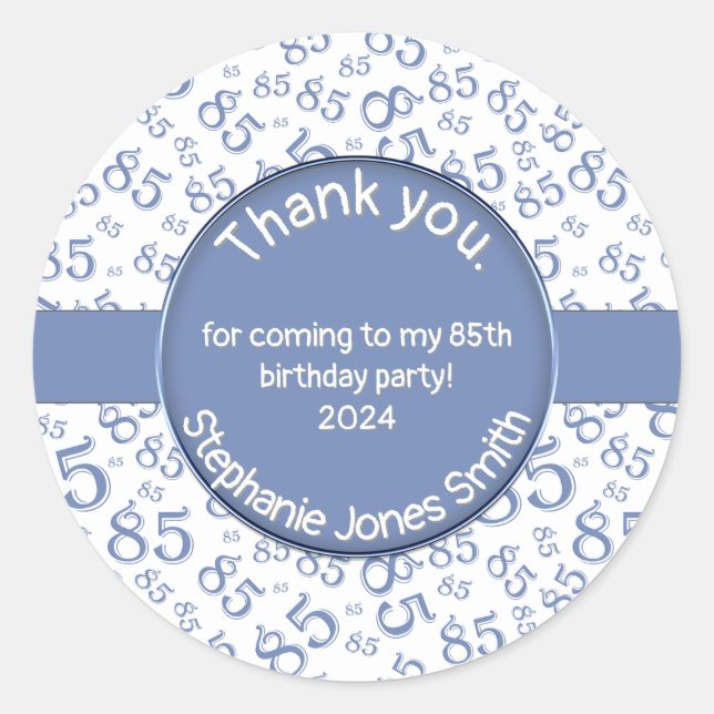 Sticker Rond Merci : 85e anniversaire Motif de numéro bleu/blan (Devant)