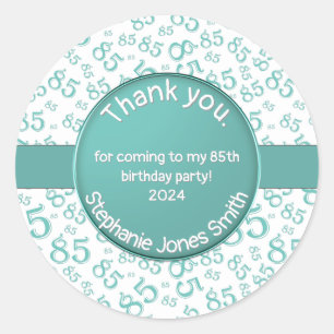 Sticker Rond Merci : 85e anniversaire Turquoise/blanc Motif num