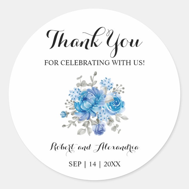 Sticker Rond Merci à fleurs bleues pour Mariage (Devant)