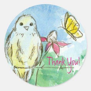Sticker Rond Merci à papillon bleu à fleurs roses