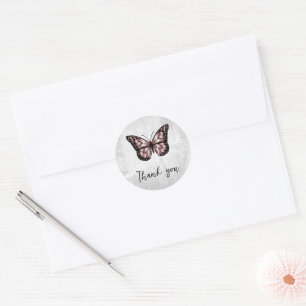 Sticker Rond Merci à papillon rose brillant