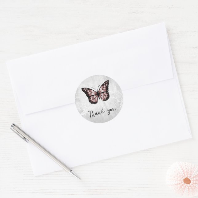 Sticker Rond Merci à papillon rose brillant (Enveloppe)