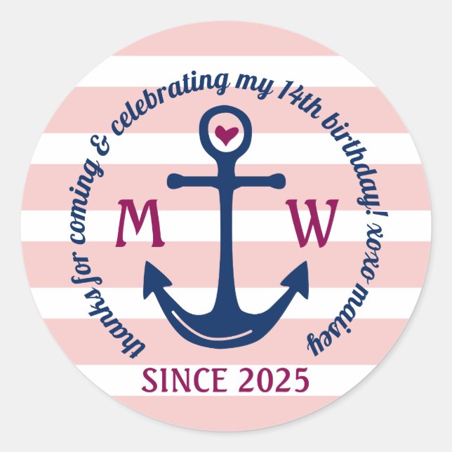 Sticker Rond Merci Ancre Coeur rose rayures Logo nautique (Devant)