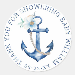 Sticker Rond Merci Ancre Nautical Blue Boy Baby shower