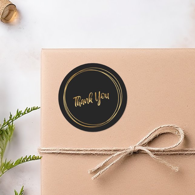 Sticker Rond Merci anneaux d'or noirs (Thank you gold rings black round sticker.)