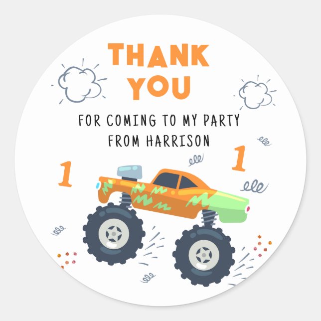 Sticker Rond Merci Anniversaire Moderne Monster Car Trucs Nom (Devant)