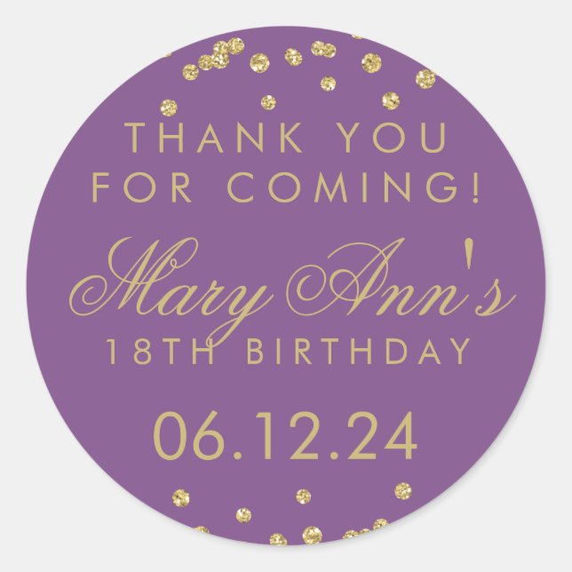 Sticker Rond Merci Anniversaire Parties scintillant or Confetti (Devant)