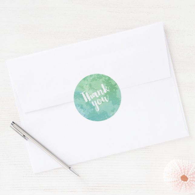 Sticker Rond Merci Aquarelle bleu et vert tendance (Enveloppe)