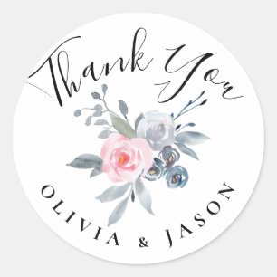 Sticker Rond merci aquarelle bleu poussiéreux fleurs