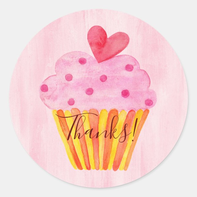 Sticker Rond Merci! aquarelle cupcake rose merci (Devant)