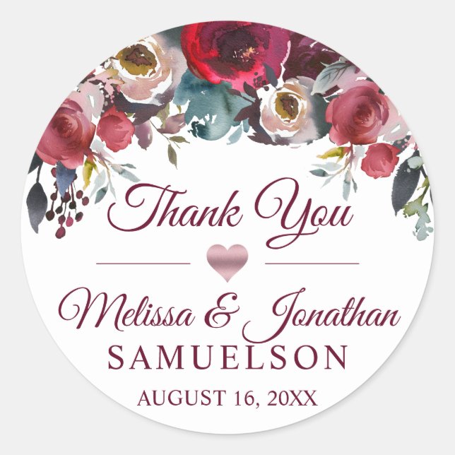 Sticker Rond MERCI Aquarelle Floral Bourgogne Mariage (Devant)