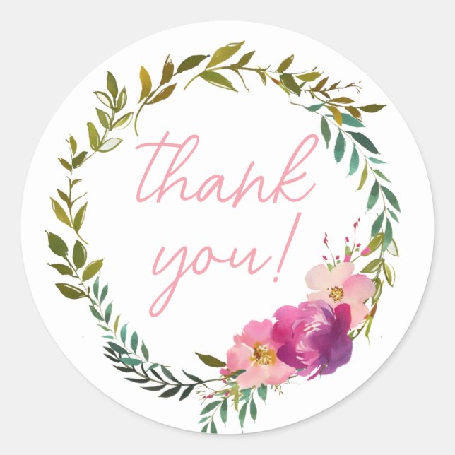 Sticker Rond Merci Aquarelle Laurel et Fleur Wreath (Devant)