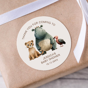 Sticker Rond Merci Aquarelle Lion Hippo Baby shower d'oiseaux