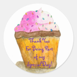 Sticker Rond Merci, Aquarelles Cupcake rose, Saupoudrages