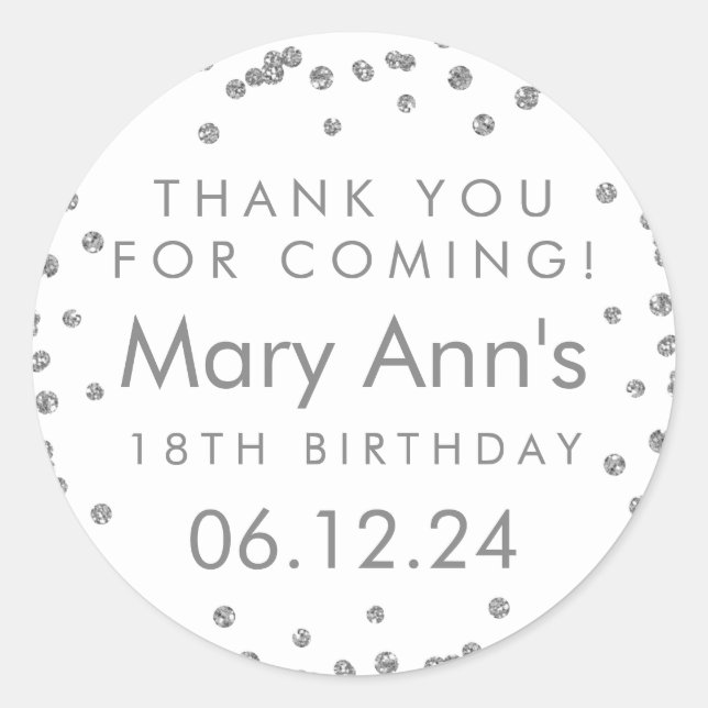 Sticker Rond Merci Argent Anniversaire Parties scintillant Conf (Devant)