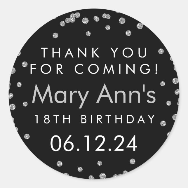 Sticker Rond Merci Argent Anniversaire Parties scintillant Conf (Devant)
