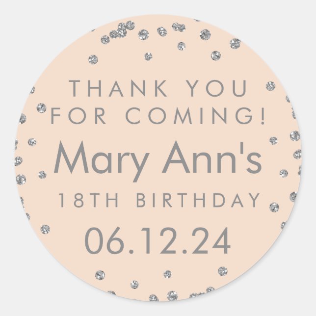 Sticker Rond Merci Argent Anniversaire Parties scintillant Conf (Devant)