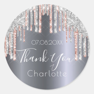 Sticker Rond Merci argent rose gouttes d'or
